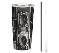 NWTRJ Macchina fotografica vintage 597 ml, tazza isolata in acciaio inox con coperchio e cannuccia tazza da caffè da viaggio per caffè tè bevande