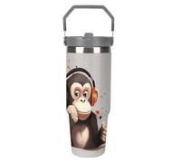 NWTRJ Music Monkey, bicchiere da 880 ml, con manico superiore, in acciaio inox, isolato sottovuoto, tazza da caffè da viaggio, con coperchio e cannuccia, bottiglia d'acqua a prova di perdite, per
