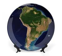 NWTRJ Piastre decorative in ceramica con immagine satellitare del Sud America, 17,8 cm, in porcellana Bone China, con espositore, fatto a mano, ornamento in ceramica per casa, cucina, camera da letto