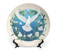 NWTRJ Piatti decorativi in ceramica con scritta "Peace on Earth", 15,2 cm, in porcellana Bone China, con espositore fatto a mano, ornamento in ceramica per casa, cucina, camera da letto, ornamenti