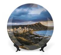 NWTRJ Piatti decorativi in ceramica con testa di diamante e skyline delle Hawaii, 25,4 cm, in porcellana Bone China, con espositore fatto a mano, ornamento in ceramica per casa, cucina, camera da