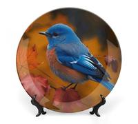 NWTRJ Piatti decorativi in ceramica con uccellino blu e foglie da 8 pollici piatti decorativi in porcellana Bone China con espositore Ornamento in ceramica fatto a mano per casa cucina camera da letto