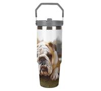 NWTRJ Simpatico cucciolo di bulldog, bicchiere con manico superiore, in acciaio inox, isolato sottovuoto, tazza da caffè da viaggio, con coperchio e cannuccia, bottiglia d'acqua a prova di perdite
