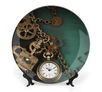 NWTRJ Steampunk Orologi Chiavi E Catene Piatti Decorativi in Ceramica 25,4 cm Bone China Piatti Decorativi con Espositore Fatto a Mano Ornamento in Ceramica per Casa Cucina Camera Da Letto Orn