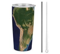 NWTRJ Tazza da 590 ml, con immagine satellitare del Sud America, in acciaio inox, con coperchio e cannuccia, tazza da caffè da viaggio per caffè, tè e bevande