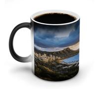 NWTRJ Tazza da caffè con testa di vulcano con skyline delle Hawaii, divertente tazza in ceramica sensibile al calore, tazza da caffè che cambia colore, tazza da tè per casa, ufficio, viaggi