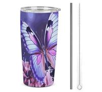 NWTRJ Tazza da caffè da viaggio con farfalla viola da 20 once, in acciaio inox, con coperchio e cannuccia, tazza da caffè da viaggio per caffè, tè, bevande