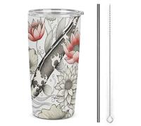 NWTRJ Tazza da caffè da viaggio con foglie di carpa giapponese, 20 oz, tazza isolata in acciaio inox con coperchio e cannuccia, tazza da caffè da viaggio per caffè, tè e bevande