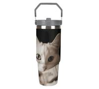 NWTRJ Tazza da viaggio con gatto bianco e pile di dollari da 880,5 g, con manico superiore, in acciaio inox, isolamento sottovuoto, tazza da caffè con coperchio e cannuccia, bottiglia d'acqua a prova