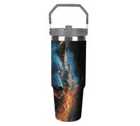 NWTRJ Tazza da viaggio con testa di lupo in fiamme blu, con manico superiore, in acciaio inox, isolamento sottovuoto, tazza da caffè con coperchio e cannuccia, bottiglia d'acqua a prova di perdite