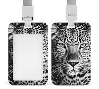 NWTRK Porta badge scorrevole con cordino, porta badge con faccia leopardata in bianco e nero, con finestra trasparente per nome, per lavoro, ufficio, dottore, infermiere, stile