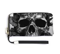 NWTRK Portafogli in pelle nera con teschio rosa con cerniera intorno alla pochette da donna porta carte di credito pochette per donne, stile, 20,0 x 10,5 cm