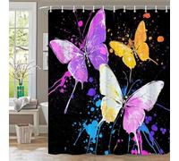 NXMYDBD Tenda da doccia extra large per bagno - Motivo a farfalla acquerello con rosa, viola, blu, arancione, giallo su nero con ganci 160x190cm/(LxA)