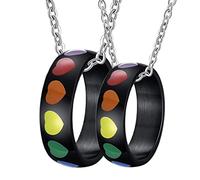 NXNONEPD Set di collana in acciaio inossidabile abbinato, uomo e donna collana abbinata anello LGBT nero con collane di smalto per il cuore dell'arcobaleno