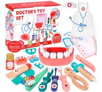 NXPZ Valigetta Dottore Bambini, Kit Dentista in Legno per Bambina, Giocattolo di Ruolo, con Stetoscopio Reale e Accessori, per Bambine e Bambini di 3 4 5 6 7 8 Anni (38 Pezzi)