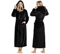 NY Threads Accappatoio da donna in pile con cappuccio in peluche lungo, da spa, nero, L (pacchetto 1)