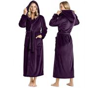 NY Threads Accappatoio da donna in pile con cappuccio in peluche lungo, da spa, Prugna, S