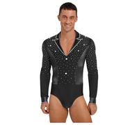 Nyeemya Abito da Pattinaggio Artistico Uomo Camicia Body Ballo Latino a Manica Lunga Leotards con Paillettes Body Danza Classica Balletto Costume Samba Rumba Nero XXL