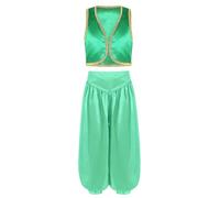Nyeemya Abito da Principe Arabo per Ragazzi e Bambini Costume Genio della Lampada Gilet Giacca Senza Manica + Pantaloni Harem Tinta Unita Costume di Carnevale Verde 9-10 anni