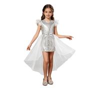 Nyeemya Bambini Vestito Asimmetrico Bambina Vestito Sera Bambino/A Compleanno Formale Scintillante Bianco La Prima Comunione Una Hawaii Argento 5-6 Anni