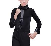 Nyeemya Body da Ballo Latino Americano Bambino con Papillon Leotards da Danza Classica Moterna Camicia Elegante Maniche Lunghe Abito da Tango Jazz Samba Rumb Nero 9-10 Anni