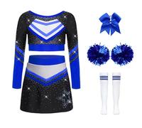 Nyeemya Costume Cheer-leader Bambina con Pompon Calzini e Accessori Capelli per Scuola Festa Cosplay Crop Top Danza Classica Moterna + Gonna Corta A Blu 5-6 anni