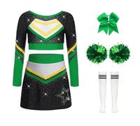 Nyeemya Costume Cheer-leader Bambina con Pompon Calzini e Accessori Capelli per Scuola Festa Cosplay Crop Top Danza Classica Moterna + Gonna Corta A Verde 5-6 anni