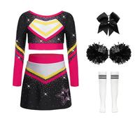 Nyeemya Costume Cheer-leader Bambina con Pompon Calzini e Accessori Capelli per Scuola Festa Cosplay Crop Top Danza Classica Moterna + Gonna Corta A Rosa 5-6 anni