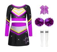 Nyeemya Costume Cheer-leader Bambina con Pompon Calzini e Accessori Capelli per Scuola Festa Cosplay Crop Top Danza Classica Moterna + Gonna Corta A Viola 5-6 anni