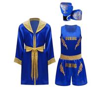 Nyeemya Costume da Boxeador Bambini Costume da Pugile Accappatoio da Pugilato Boxing Robe + Canotta Senza Manica + Pantaloncini Guanti Uniforme da Boxe Blu 13-14 anni
