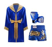 Nyeemya Costume da Boxeador Bambini Costume da Pugile Accappatoio da Pugilato Boxing Robe + Canotta Senza Manica + Pantaloncini Guanti Uniforme da Boxe Blu A 9-10 anni
