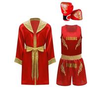 Nyeemya Costume da Boxeador Bambini Costume da Pugile Accappatoio da Pugilato Boxing Robe + Canotta Senza Manica + Pantaloncini Guanti Uniforme da Boxe Rosso 11-12 anni