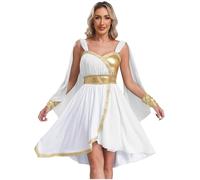 Nyeemya Costume da Dea Ateniese Greca Romana per Donna Costume da Imperatrice Regina Toga Tunica Antica Romana Abito da Ballo Latino con Orlo Asimmetrico Bianco M