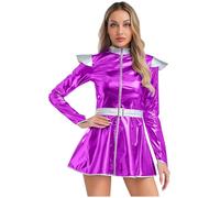 Nyeemya Donna Lucido Metallico Miniabito Vestito Corto a Manica Lunga Costume Alieno Abito Spaziale Vestito da Extraterrestre Astronauta Costume Carnevale Viola M
