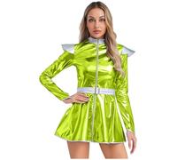 Nyeemya Donna Lucido Metallico Miniabito Vestito Corto a Manica Lunga Costume Alieno Abito Spaziale Vestito da Extraterrestre Astronauta Costume Carnevale Verde 4XL