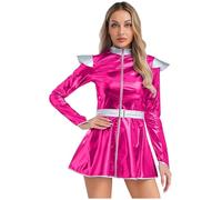 Nyeemya Donna Lucido Metallico Miniabito Vestito Corto a Manica Lunga Costume Alieno Abito Spaziale Vestito da Extraterrestre Astronauta Costume Carnevale Rosa caldo 3XL