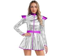 Nyeemya Donna Lucido Metallico Miniabito Vestito Corto a Manica Lunga Costume Alieno Abito Spaziale Vestito da Extraterrestre Astronauta Costume Carnevale Argento L