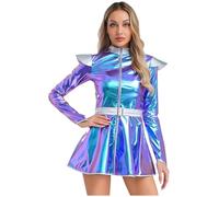 Nyeemya Donna Lucido Metallico Miniabito Vestito Corto a Manica Lunga Costume Alieno Abito Spaziale Vestito da Extraterrestre Astronauta Costume Carnevale Blu M