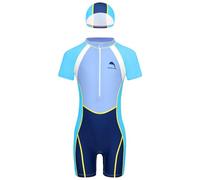 Nyeemya Set 2 Pezzi Costume Intero da Bagno per Ragazzo e Bambino Bodysuit da Bagno con Cuffia da Bagno Tuta da Piscina Nuoto Tuta da Triathlon a Maniche Corte Swimsuit
