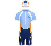 Nyeemya Set 2 Pezzi Costume Intero da Bagno per Ragazzo e Bambino Bodysuit da Bagno con Cuffia da Bagno Tuta da Piscina Nuoto Tuta da Triathlon a Maniche Corte Swimsuit Arancione 7-8 Anni