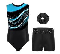 Nyeemya Set da Ginnastica in 3 Pezzi Ragazze Leotards Body Danza Classica Balletto con Pantaloncini Fascia Body da Pattinaggio Artistico Costume Allenamento Azzurro 13-14 anni