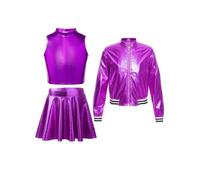Nyeemya Tuta da Bambina Lucida Metallizzata Completo 3 Pezzi Giacca Jacket Con Zip + Canotta Crop Top + Mini Gonna Abito Da Ballo di Strada Jazz Hip-Hop Dancewear Viola 11-12 anni