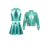 Nyeemya Tuta da Bambina Lucida Metallizzata Completo 3 Pezzi Giacca Jacket Con Zip + Canotta Crop Top + Mini Gonna Abito Da Ballo di Strada Jazz Hip-Hop Dancewear Lago blu 15-16 anni
