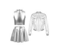 Nyeemya Tuta da Bambina Lucida Metallizzata Completo 3 Pezzi Giacca Jacket Con Zip + Canotta Crop Top + Mini Gonna Abito Da Ballo di Strada Jazz Hip-Hop Dancewear Argento 15-16 anni