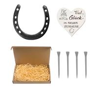 NYGGTYK 1 set di ferro di cavallo con targhetta in legno a forma di cuore, 4 chiodi, portafortuna a ferro di cavallo, regalo per l'inaugurazione della casa