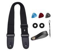 NYGGTYK 1 tracolla nera per chitarra, 1 fibbia per cintura, 2 fibbie in gomma, 3 plettri per chitarra, set per chitarra elettrica, cinghia a croce, Nero , 5 cm breit, 84-140 cm lang