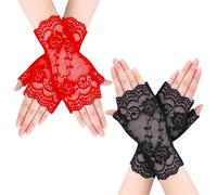NYGGTYK 2 paia di guanti a mezze dita in pizzo, guanti senza dita, guanti corti in pizzo, guanti da sole creativi, guanti decorativi per abito da sposa (rosso, nero), rosso / nero, 18