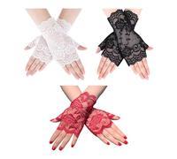 NYGGTYK 3 paia di guanti senza dita, guanti in pizzo, guanti da donna, guanti da festa, guanti in raso, accessori da tè, adatti per matrimoni, opera, guanti da ballo, Rosso, bianco, nero, Taglia unica