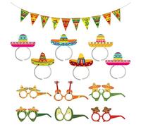 NYGGTYK 6 Pezzi di Fascia per La Testa del Cappello Messicano, 6 Pezzi di Occhiali Messicani, 1 Pezzo di Bandiera Triangolare, Oggetti di Scena Fotografici Divertenti, Decorazioni per Feste Messicane