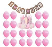 NYGGTYK Cappello di Compleanno A Corona 1 Pezzo, Banner 1 Pezzi, 20 Palloncini Rosa, Cappello Floreale Numero 1, Decorazione Sospesa da Sfondo, Decorazione per Feste di 1 ° Compleanno per Bambini